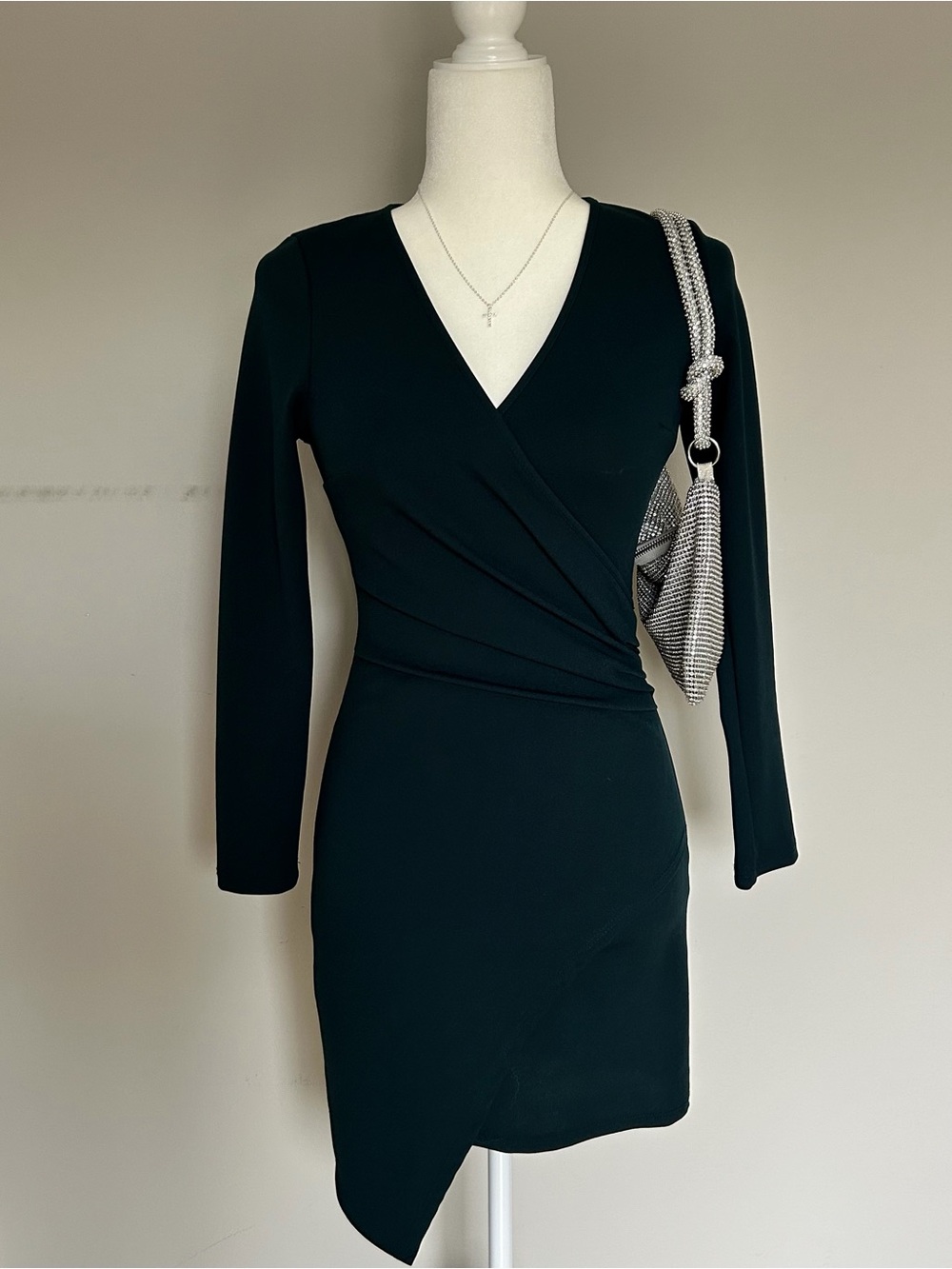 Long-Sleeve Emerald Green Wrap-Front V-Neck Dress
